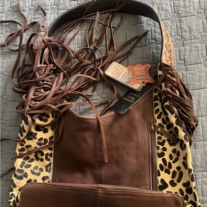 American Darling Brown and Leopard Shoulder Bag with Fringe